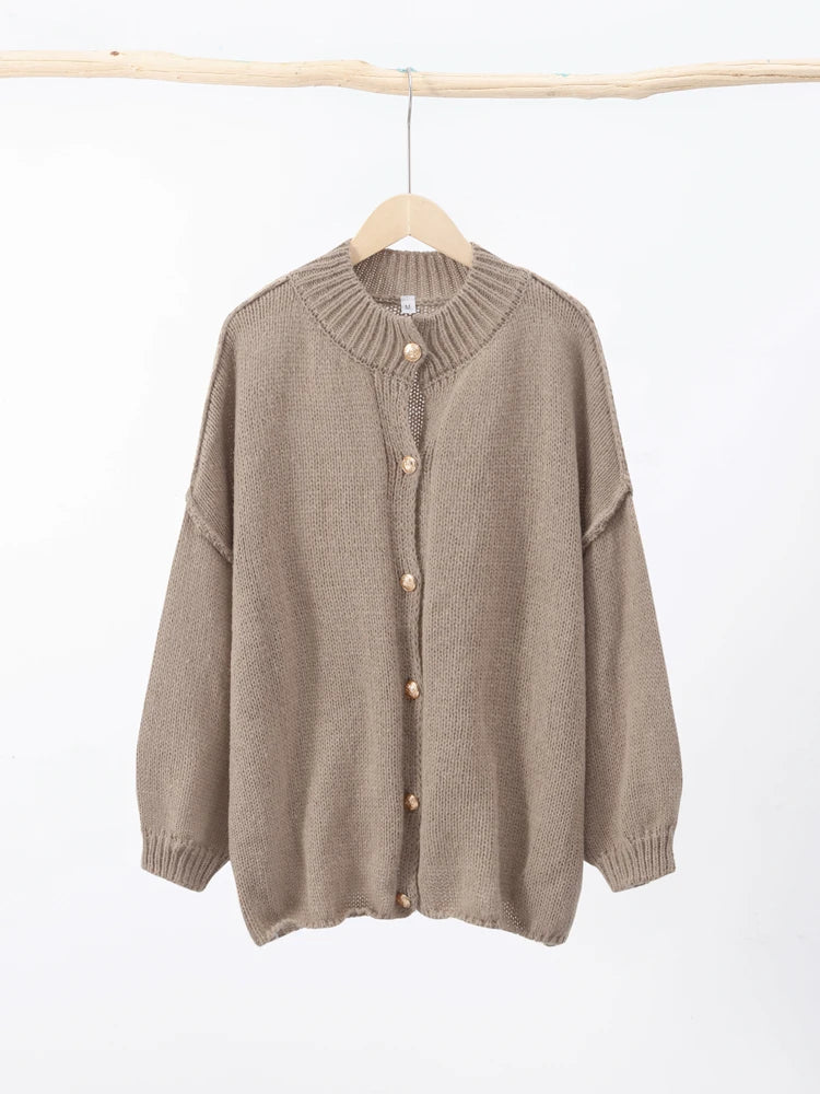 Women's Ribbed Neckline and Cuffs Knit Button Cardigan