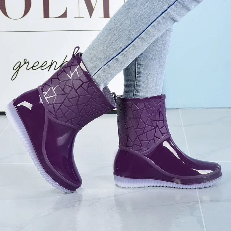 Women's Waterproof Mid-Calf Rain Boots with Lightweight Non-Slip Sole