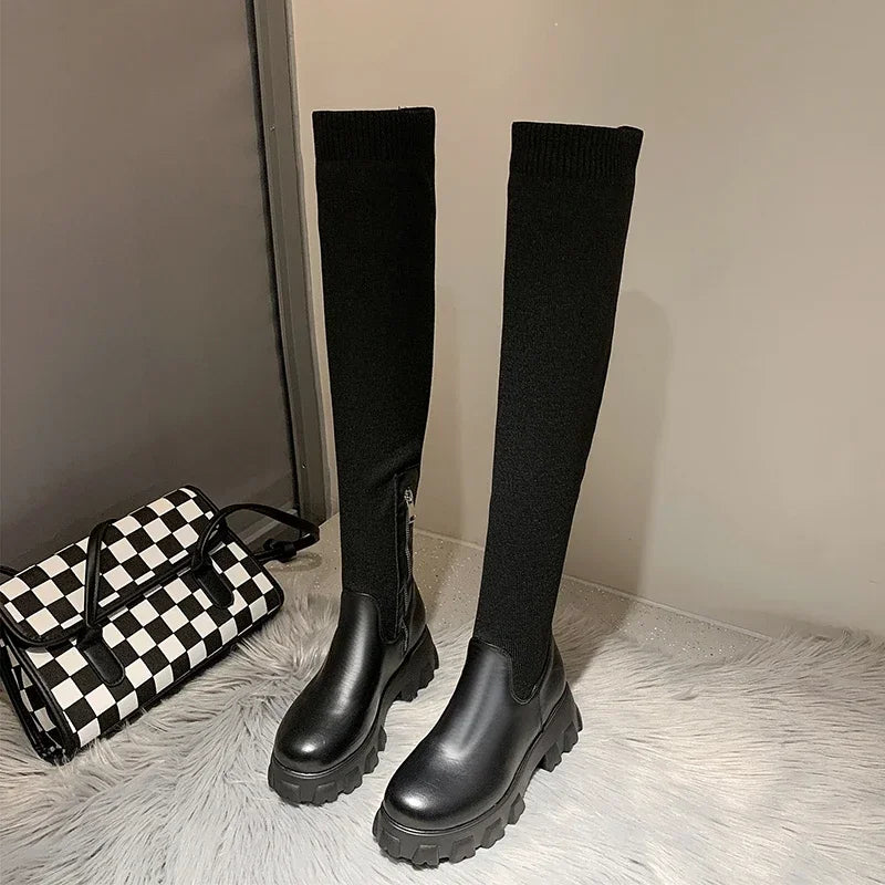 Women's Stretch Fit Knee-High Boots with Chunky Lug Sole and Side Zipper