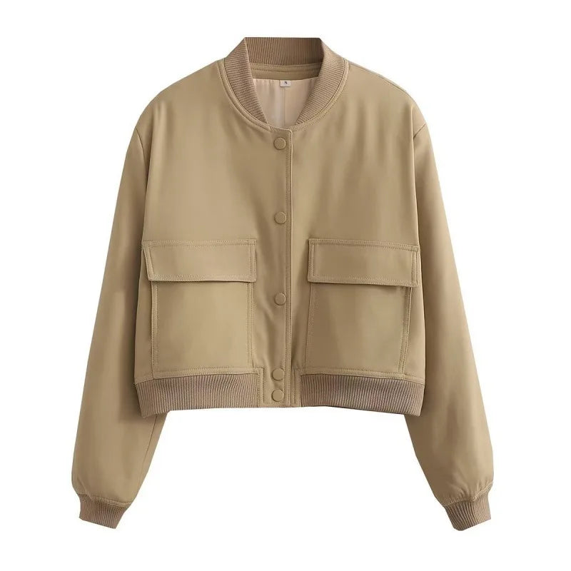 Casual Women's Bomber Jacket Featuring Front Buttons and Flap Pockets
