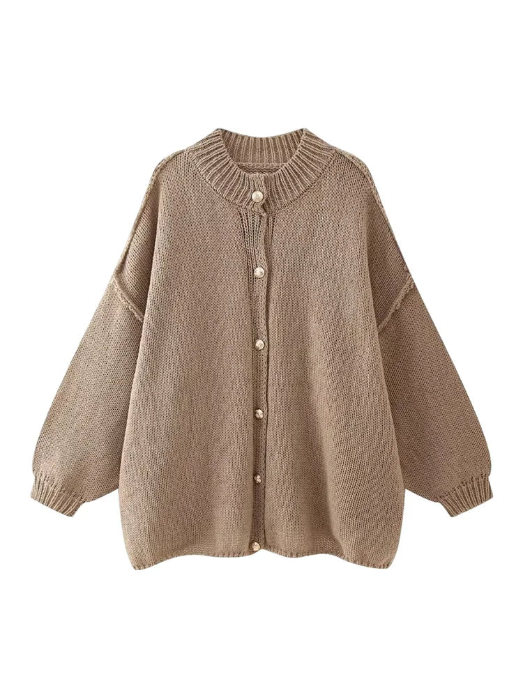 Lapel Bat Sleeve Cardigan for Women with Metal Button Accents