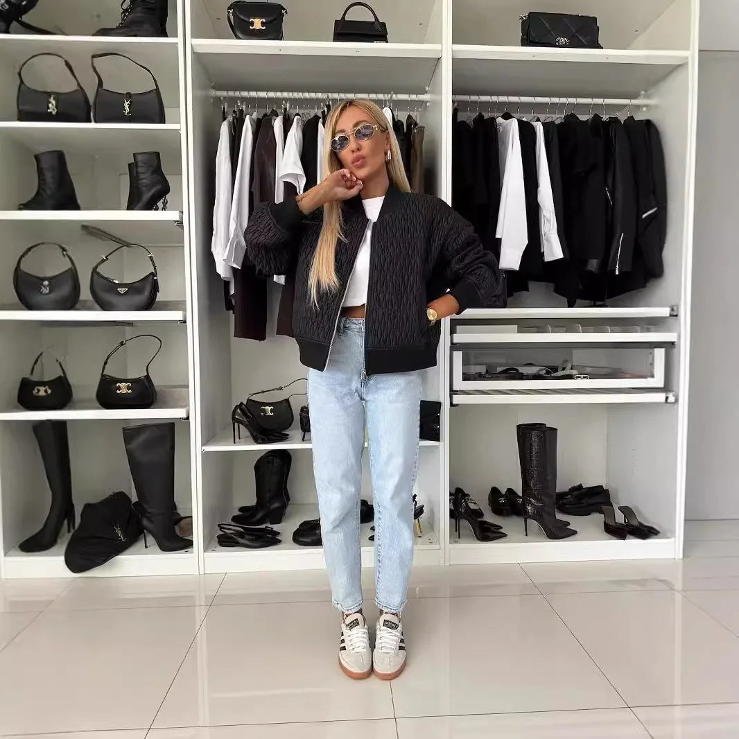 Women's Zip-Front Quilted Bomber Jacket with Ribbed Details