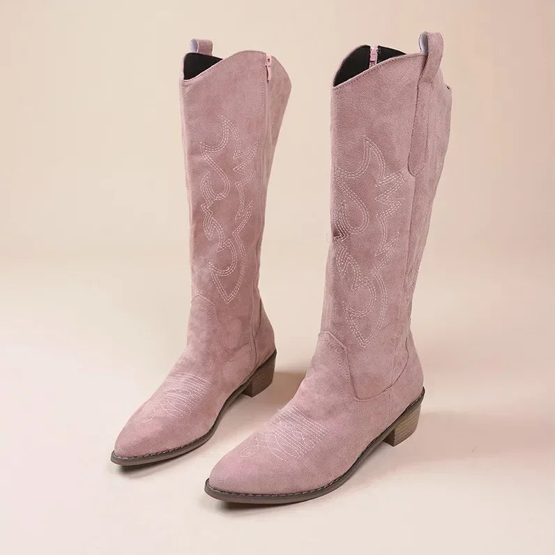 Embroidered Women's Knee-High Cowboy Boots with Chunky Heel