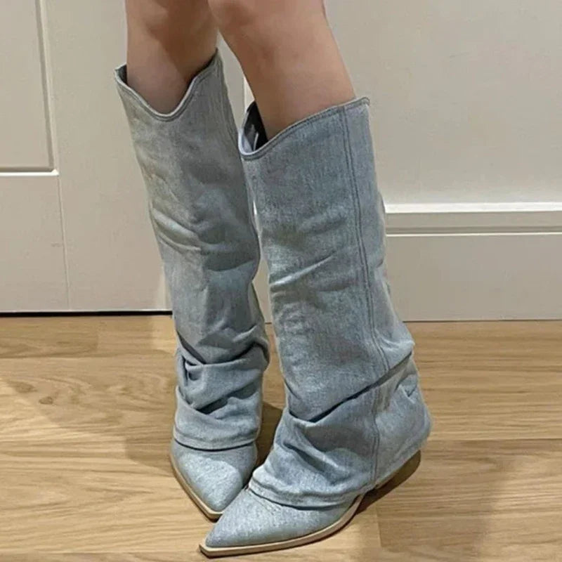 Women's Pleated Western Knee-High Boots with Pointed Toe and Heels
