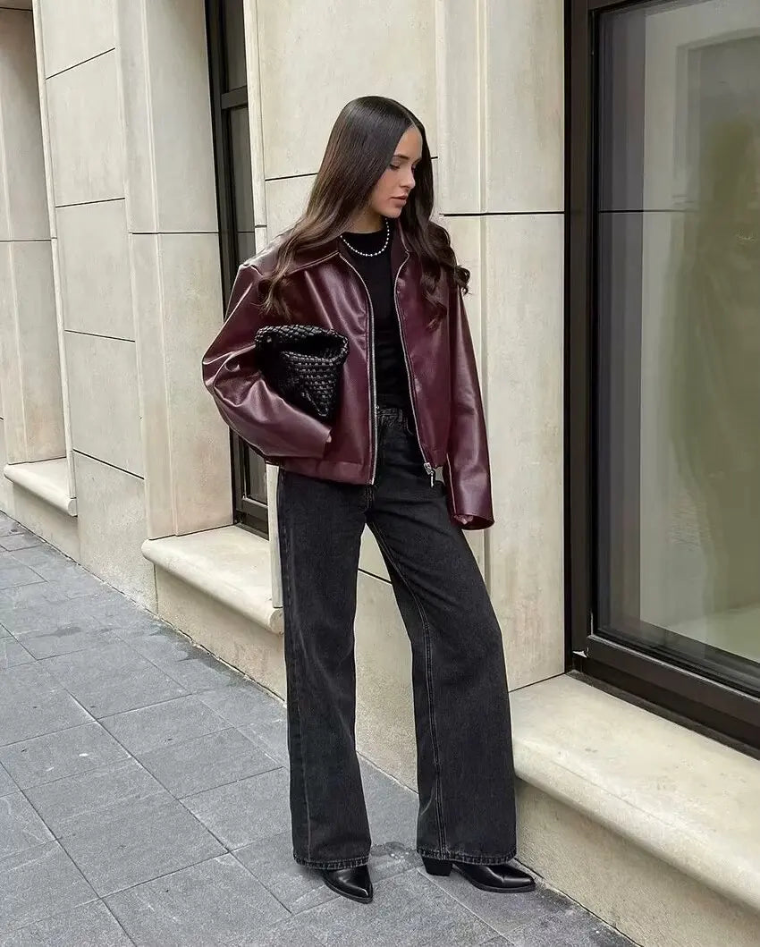 Women's Zipper Front Leather Jacket with Classic Lapel Collar