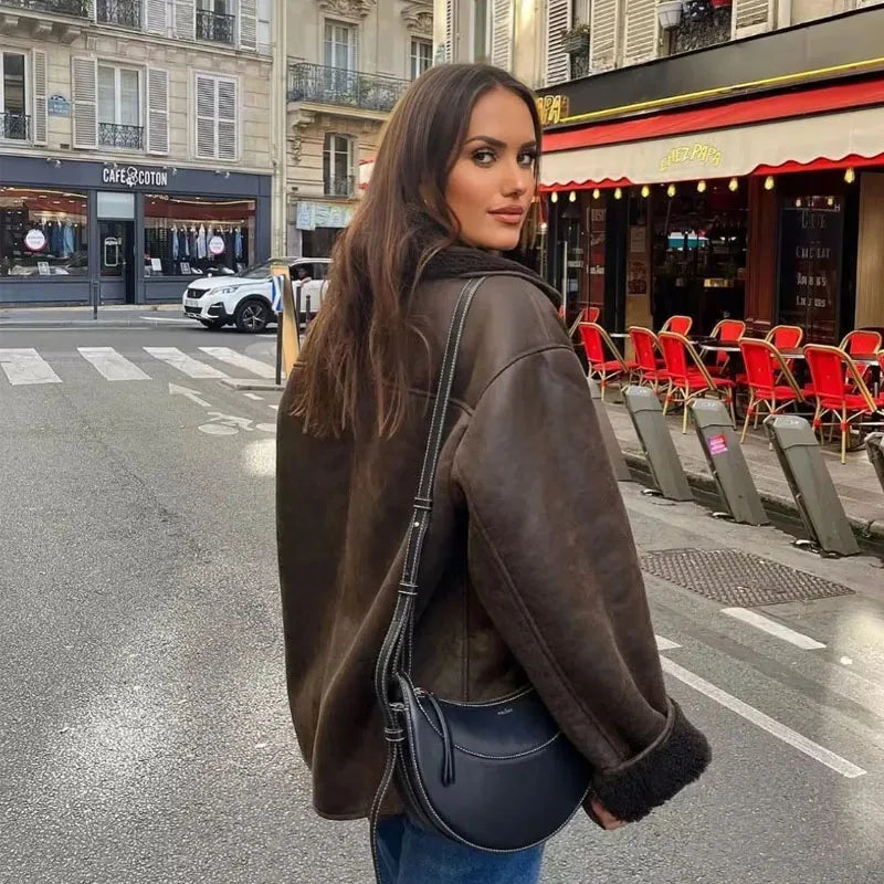 Women's Leather Winter Coat with Cozy Lining and Broad Collar