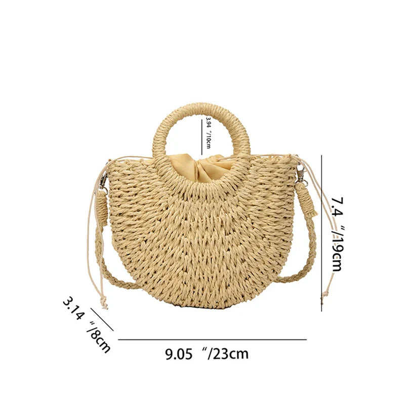 Half-Moon Shaped Women's Straw Crossbody Bag with Top Handles