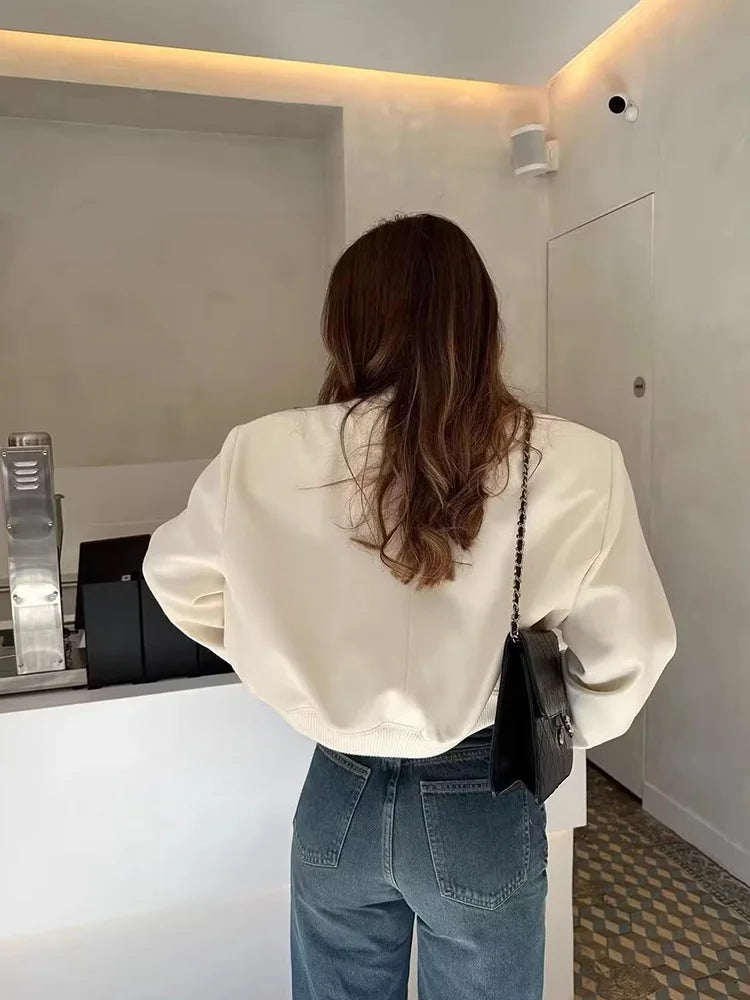 Casual Women's Bomber Jacket Featuring Front Buttons and Flap Pockets