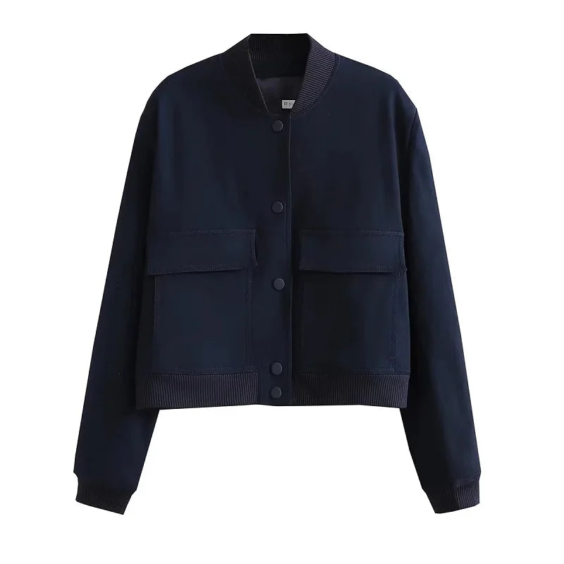 Women's Cropped Bomber Jacket Featuring Snap Buttons and Utility Pockets