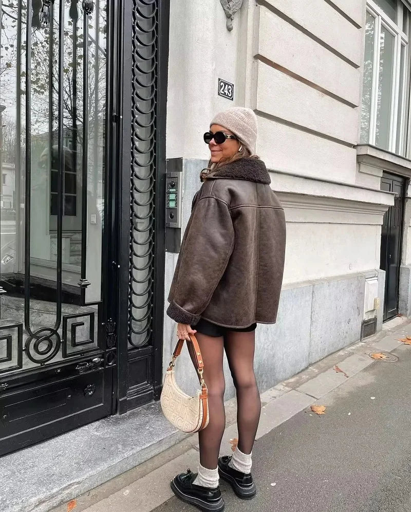 Women's Leather Winter Coat with Cozy Lining and Broad Collar