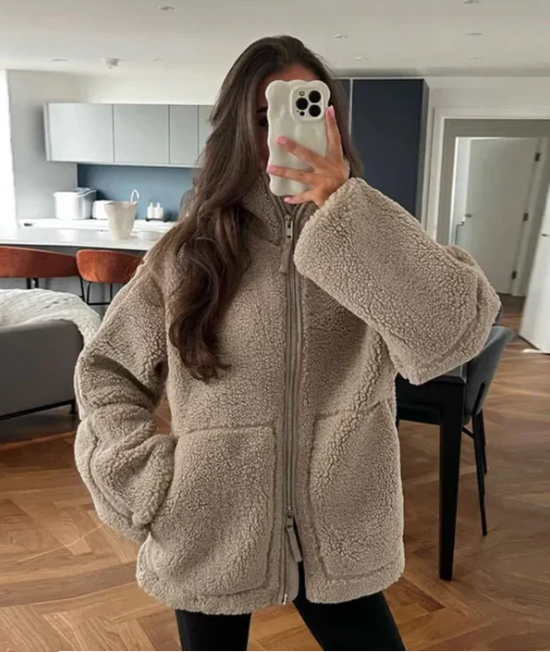Women's Fleece Jacket with High Collar and Zipper Front - Oversized Fit