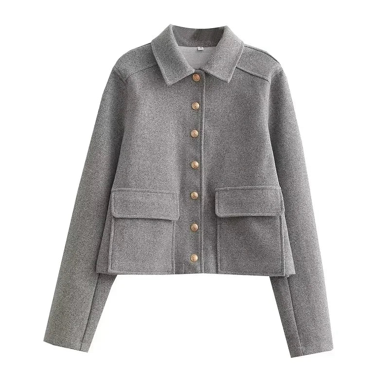 Women's Cropped Aviator Bomber Jacket Featuring Button Closure and Pockets