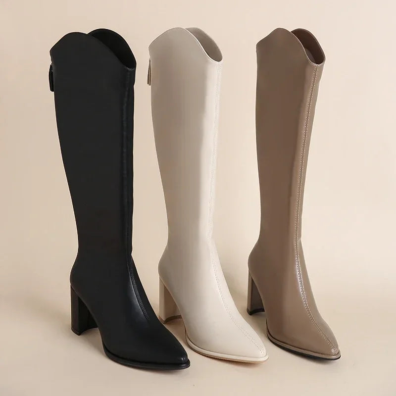 Women's Knee-High Boots featuring Side Zipper and Block Heel