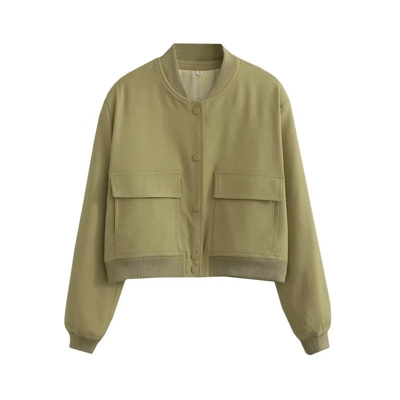 Casual Women's Bomber Jacket Featuring Front Buttons and Flap Pockets