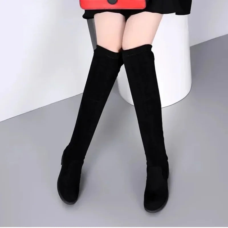 Chunky High Heel Black Lace-Up Over-the-Knee Boots for Women