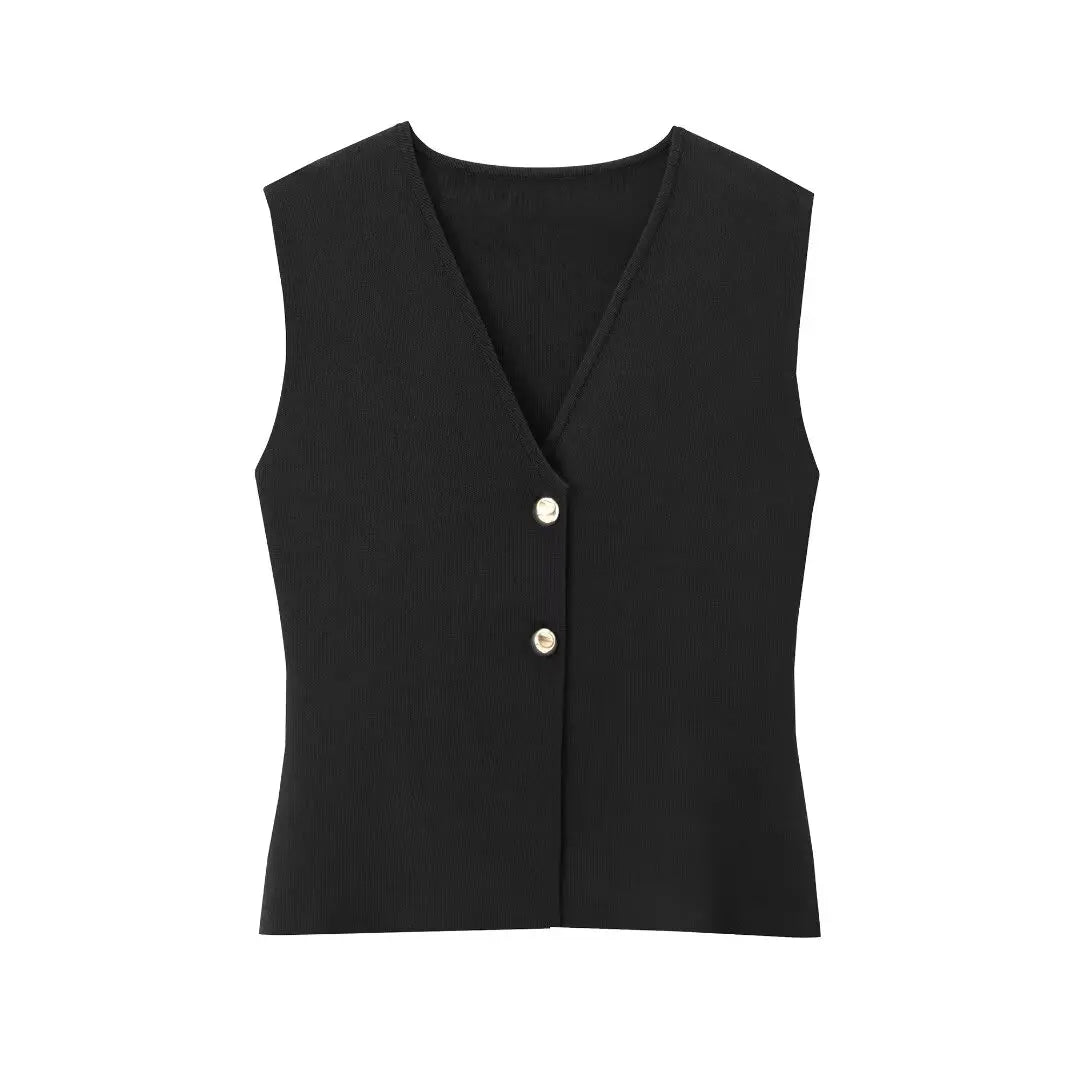 Women's Sleeveless Knitted Vest Top with Button-Front Closure