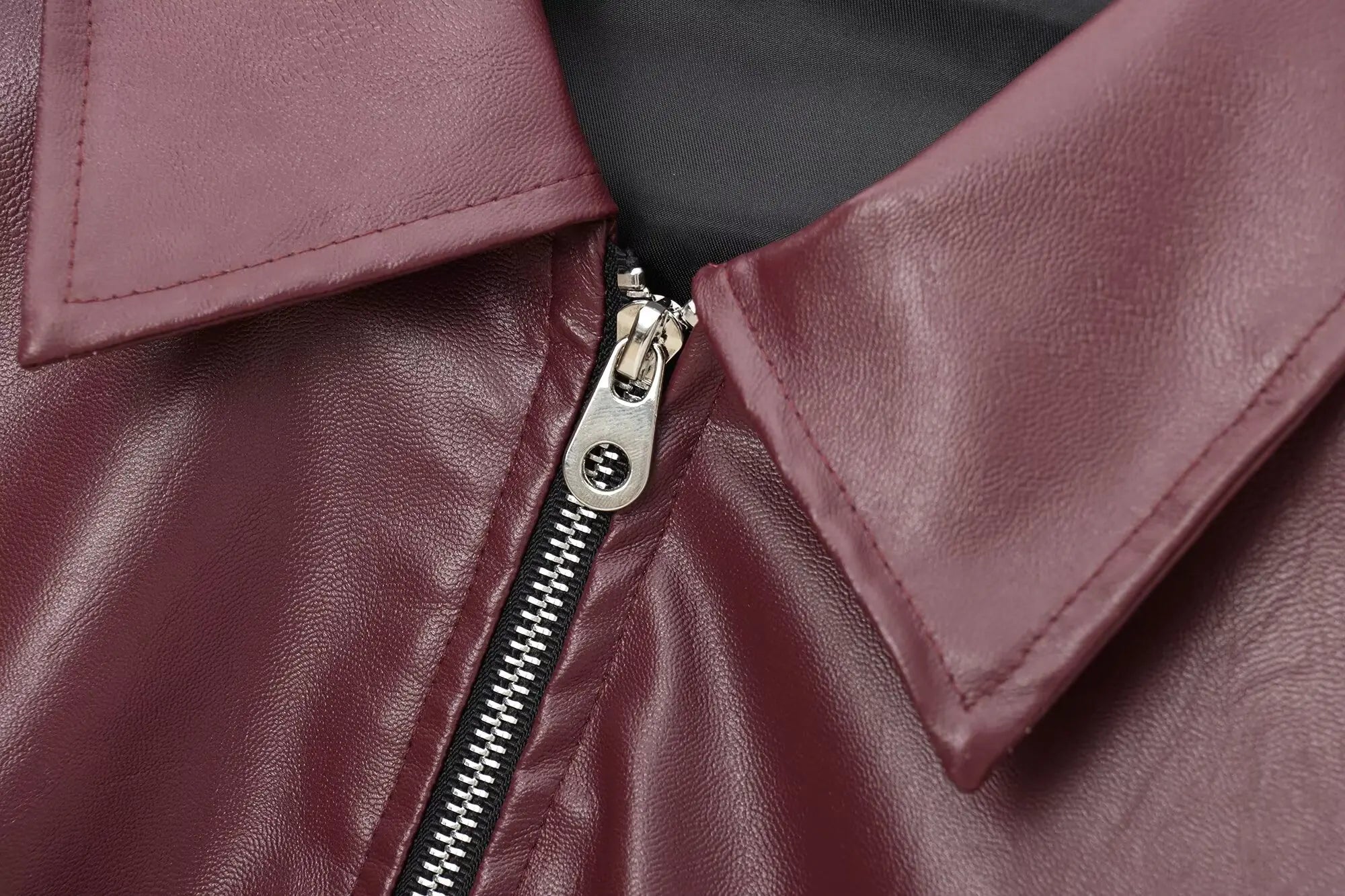 Women's Zipper Front Leather Jacket with Classic Lapel Collar