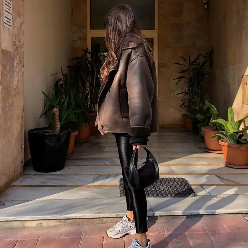 Women's Leather Winter Coat with Cozy Lining and Broad Collar