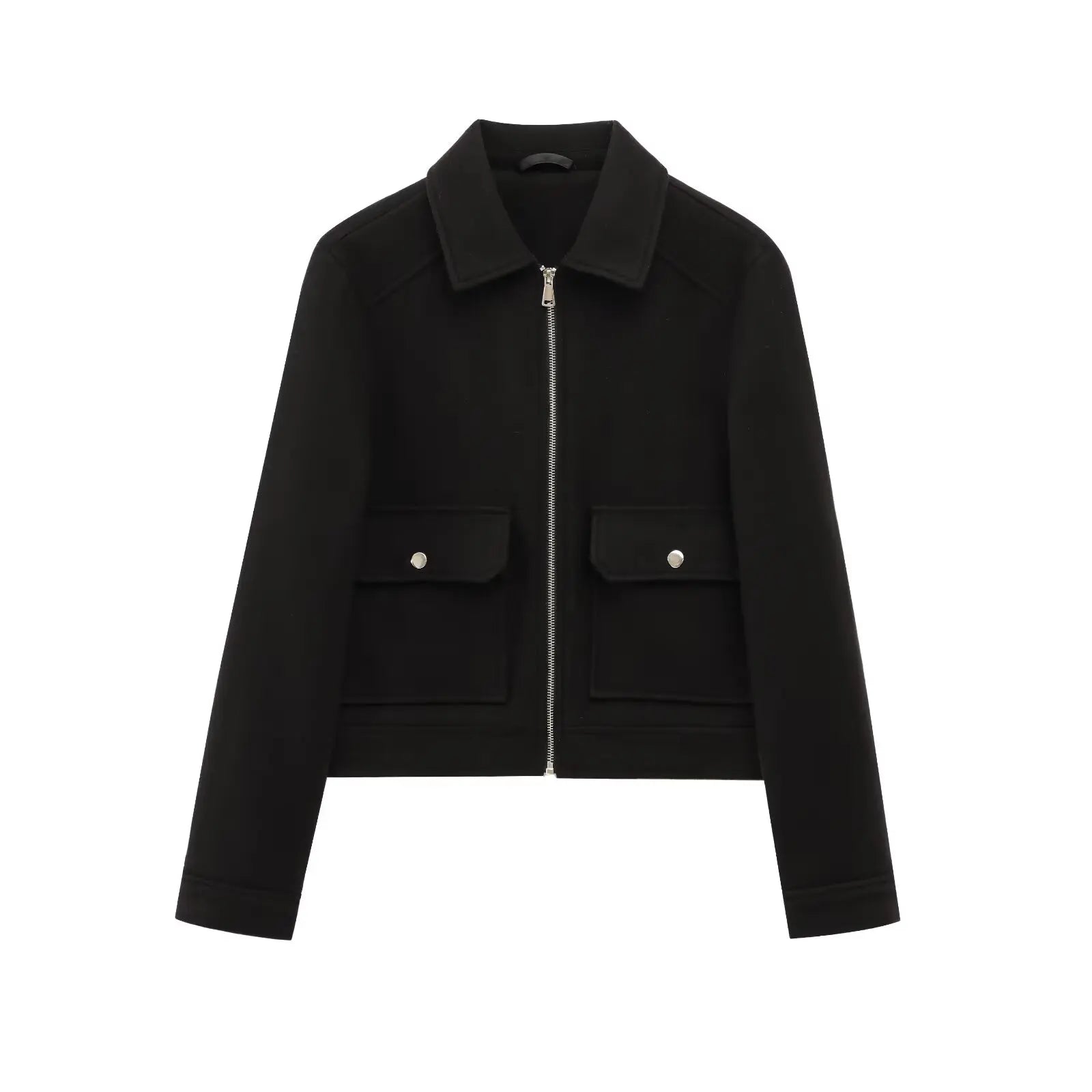 Women's Zip-Front Bomber Jacket with Short Lapels and Flap Pockets