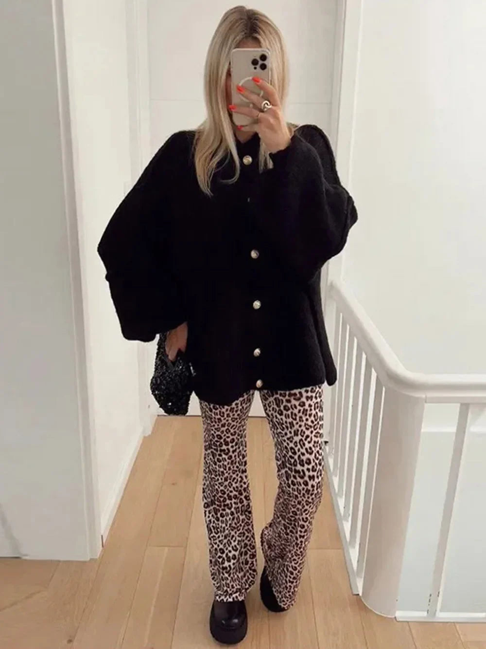 Lapel Bat Sleeve Cardigan for Women with Metal Button Accents