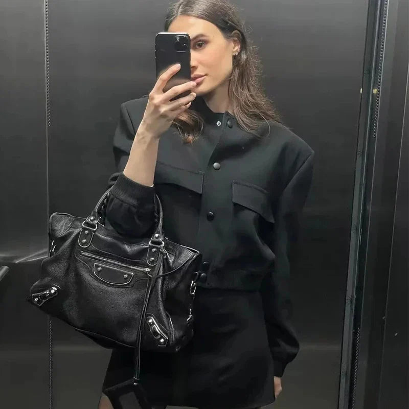 Women's Cropped Bomber Jacket with Baseball Collar and Snap Buttons