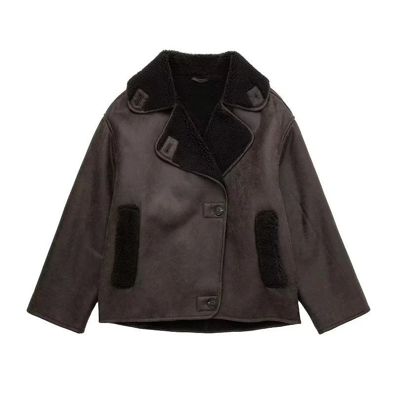 Women's Leather Winter Coat with Cozy Lining and Broad Collar