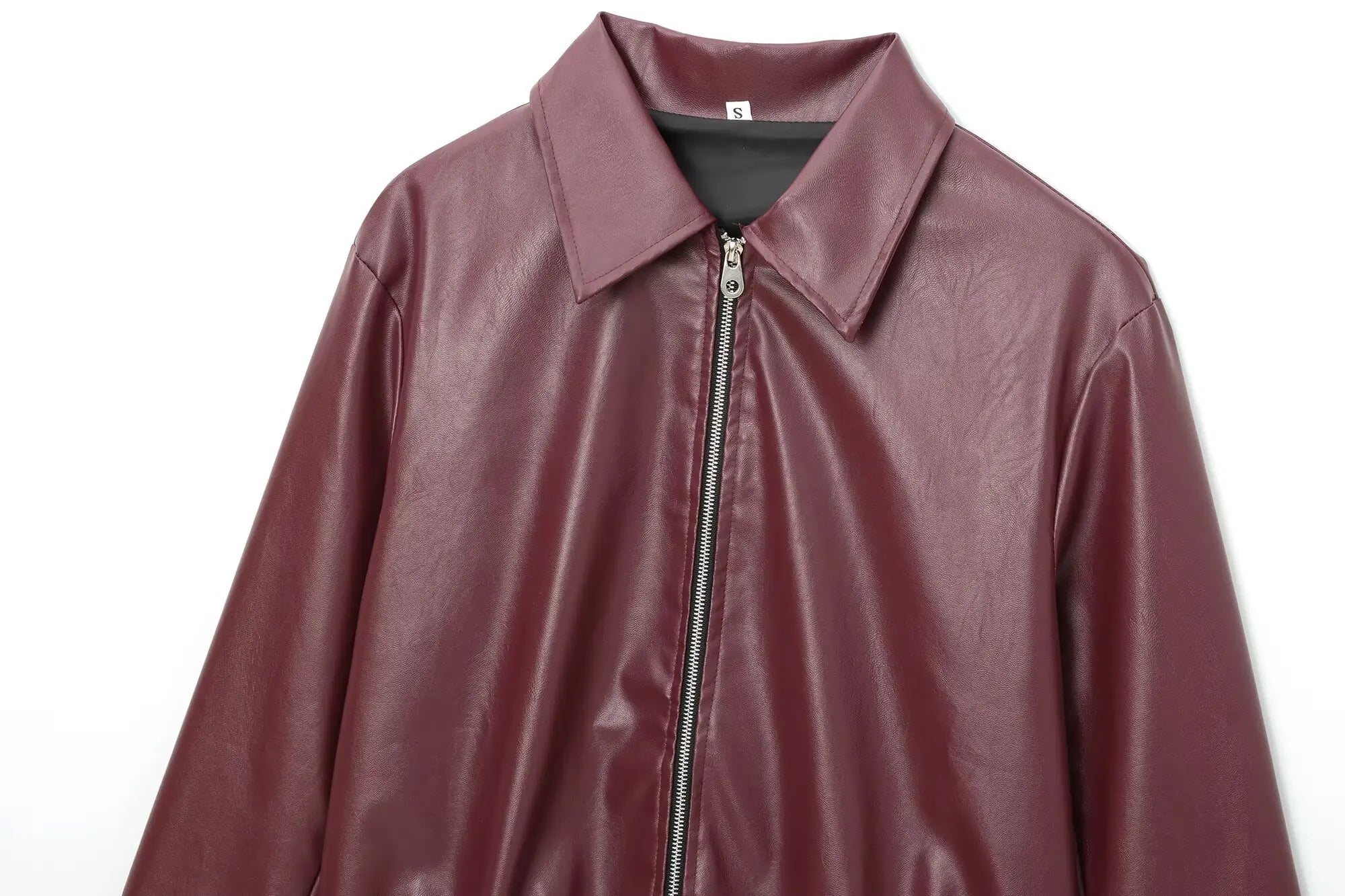 Women's Zipper Front Leather Jacket with Classic Lapel Collar
