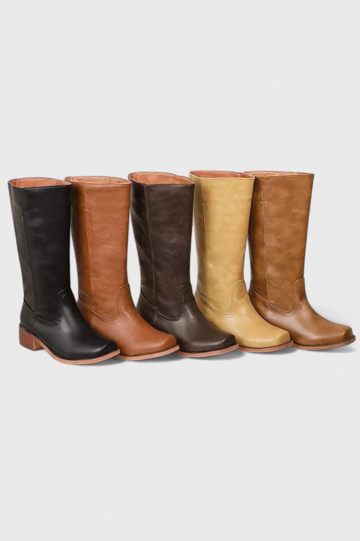 Women's Knee-High Boots Featuring a Stacked Heel and Timeless Round Toe