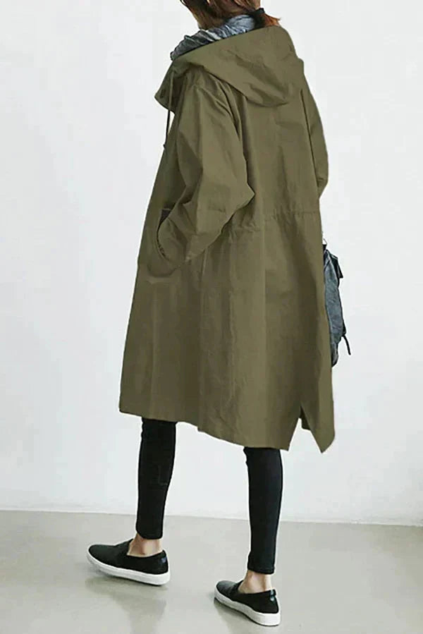 Women's Hooded Oversized Rain Jacket with Button Closure and Pockets