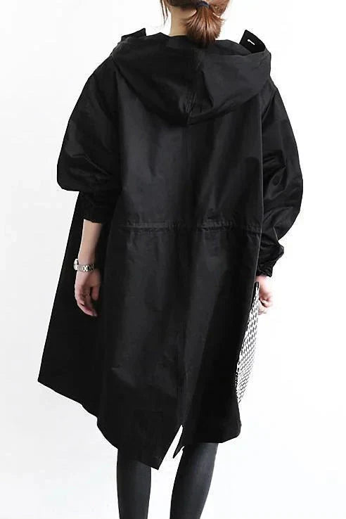 Women's Hooded Oversized Rain Jacket with Button Closure and Pockets