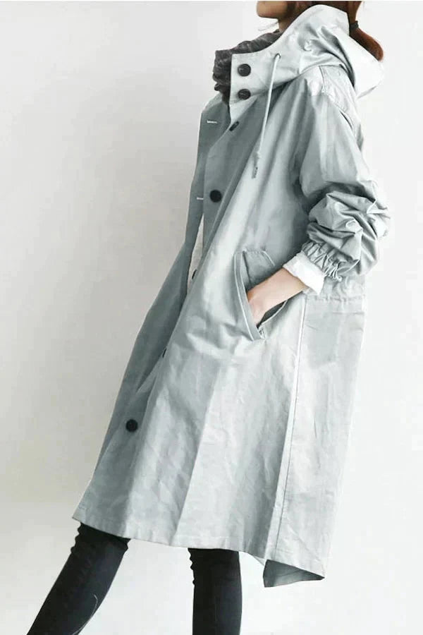 Women's Hooded Oversized Rain Jacket with Button Closure and Pockets