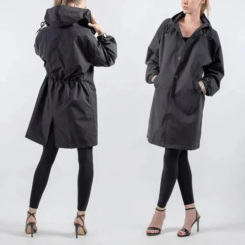 Women's Hooded Oversized Rain Jacket with Button Closure and Pockets