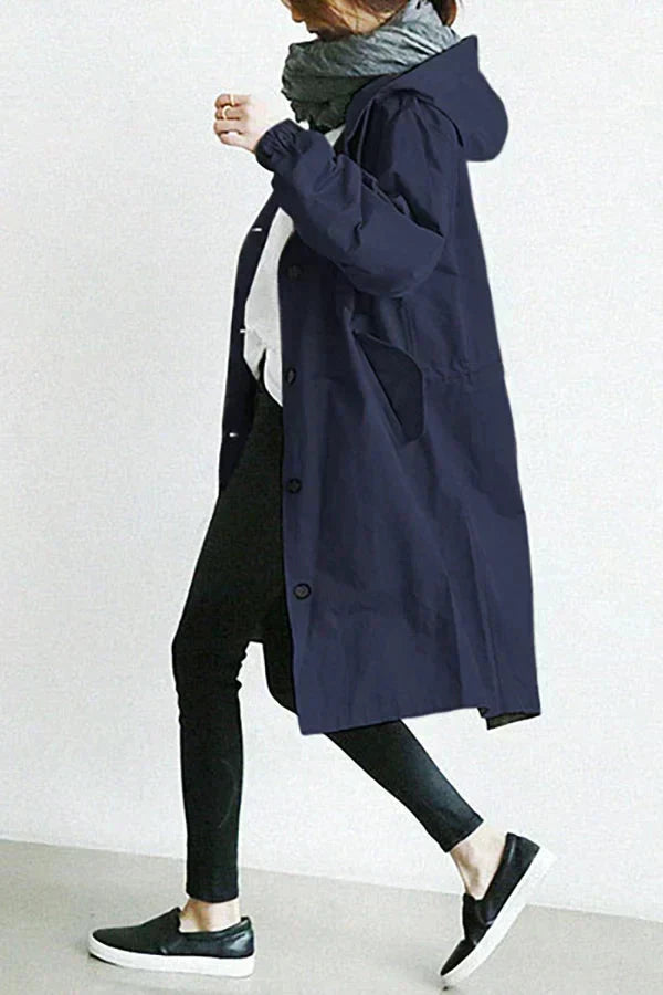 Women's Hooded Oversized Rain Jacket with Button Closure and Pockets