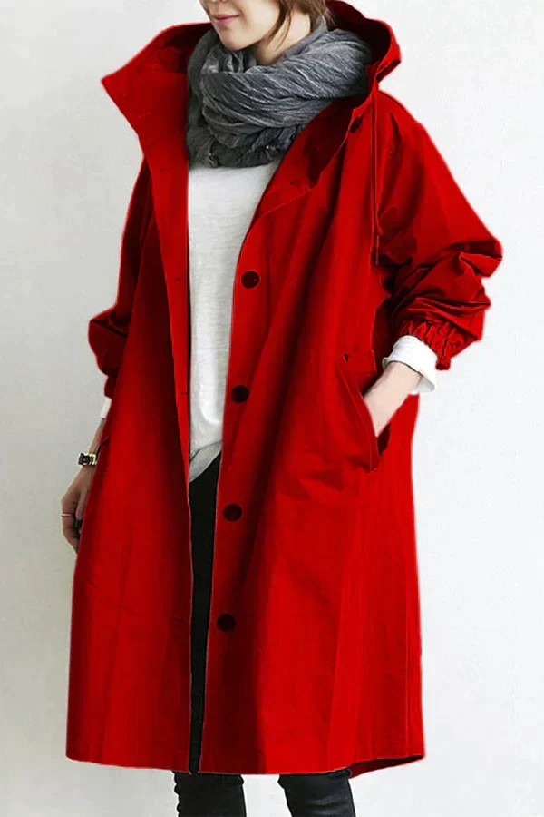 Women's Hooded Oversized Rain Jacket with Button Closure and Pockets