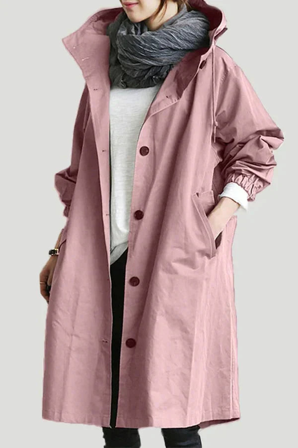 Women's Hooded Oversized Rain Jacket with Button Closure and Pockets