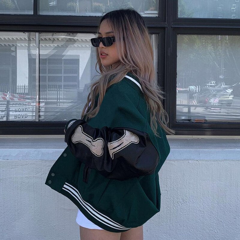 Women's Graphic Varsity Bomber Jacket Featuring Bone Sleeve Design
