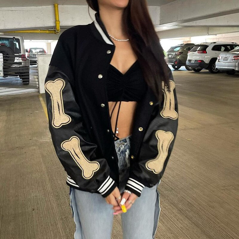 Women's Graphic Varsity Bomber Jacket Featuring Bone Sleeve Design