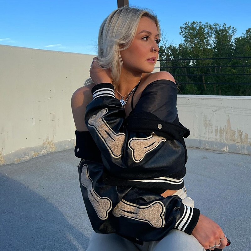 Women's Graphic Varsity Bomber Jacket Featuring Bone Sleeve Design