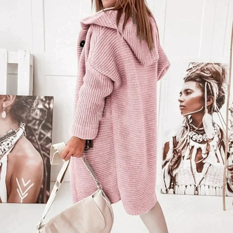 Button-Front Design Long Hooded Knit Cardigan for Women