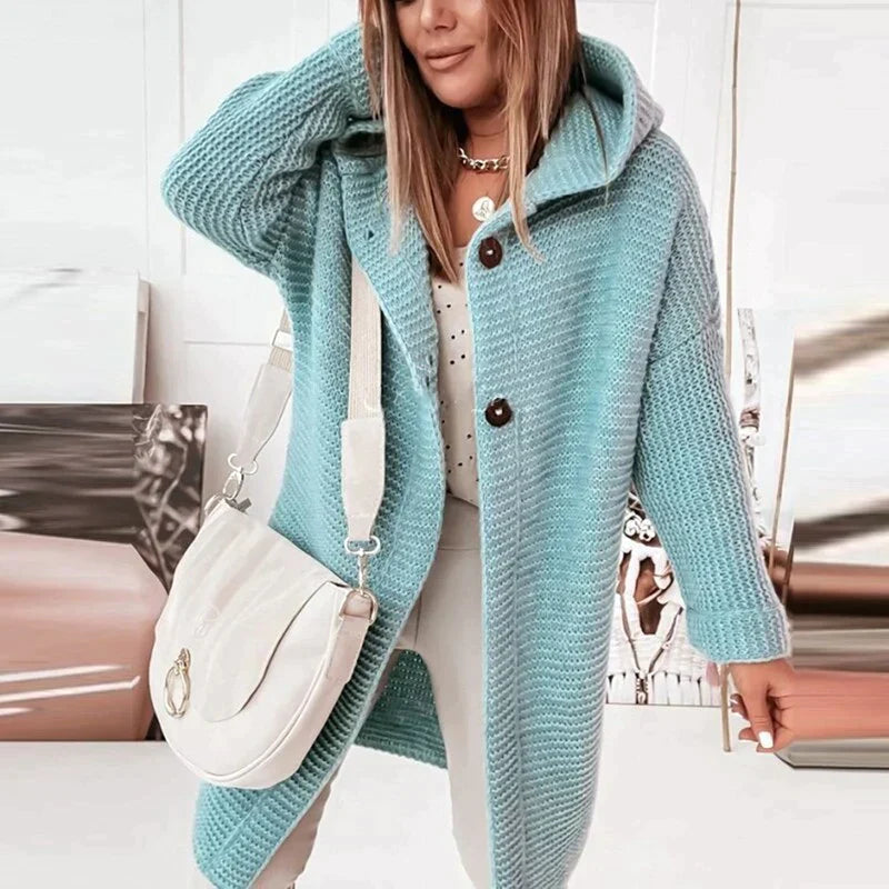Button-Front Design Long Hooded Knit Cardigan for Women