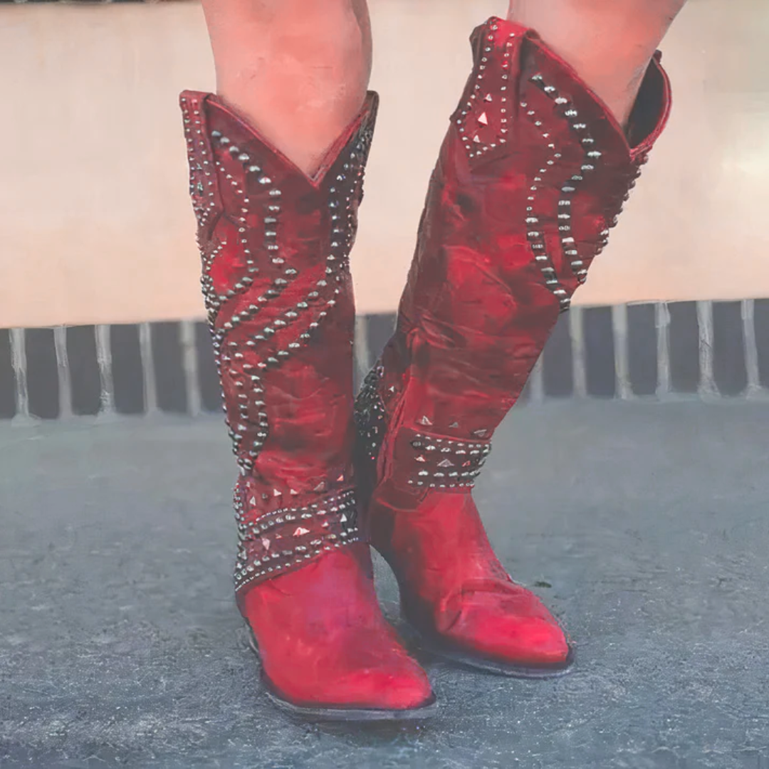 Women's Knee-High Cowboy Boots with Rivet Accents, Chunky Heel, and Side Zipper