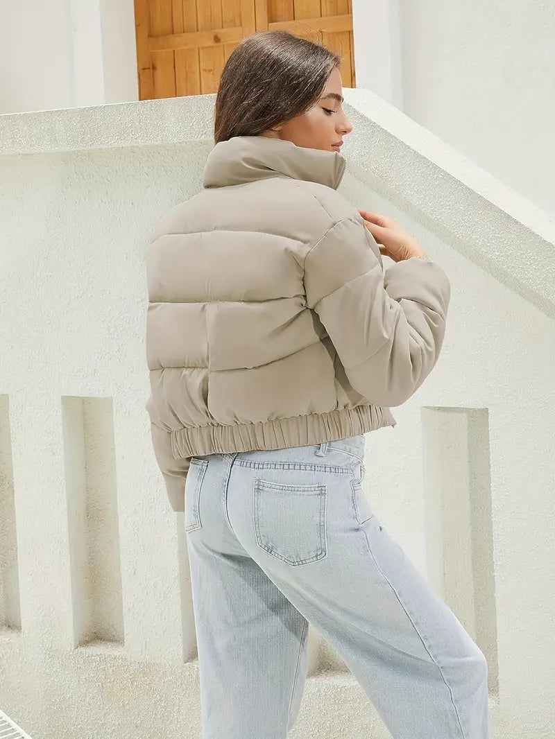 Women's Zip-Front Short Puffer Bomber Jacket with Elastic Hem