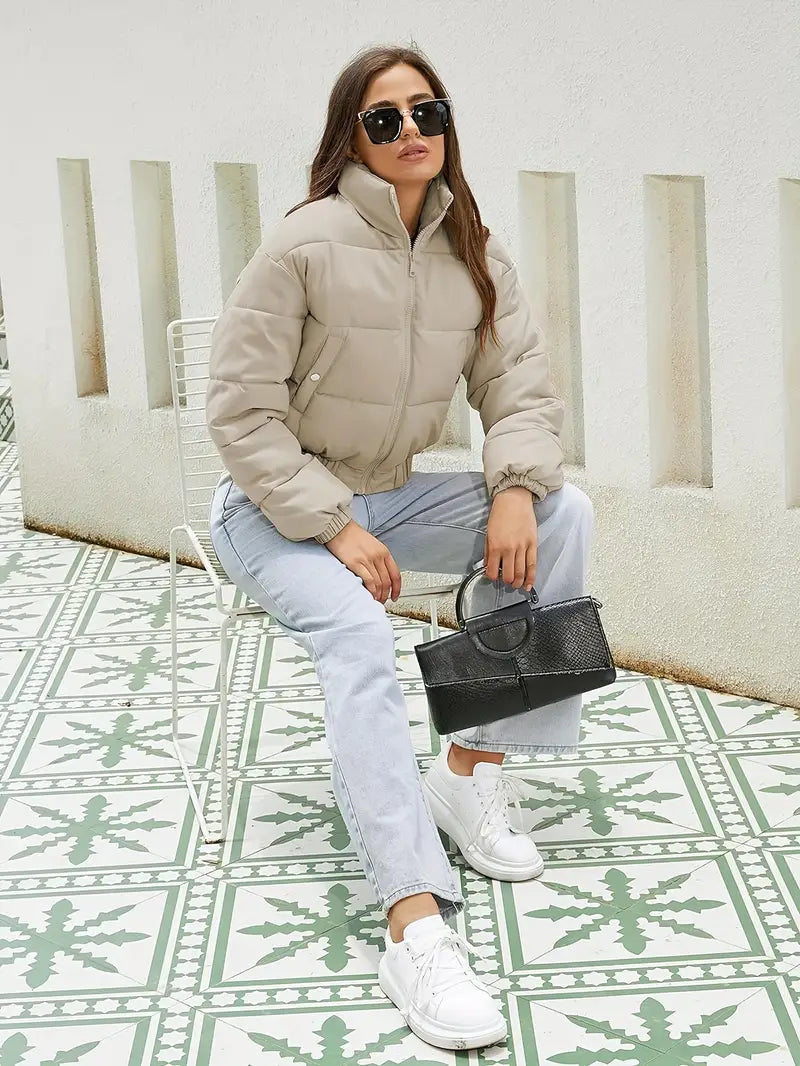 Women's Zip-Front Short Puffer Bomber Jacket with Elastic Hem