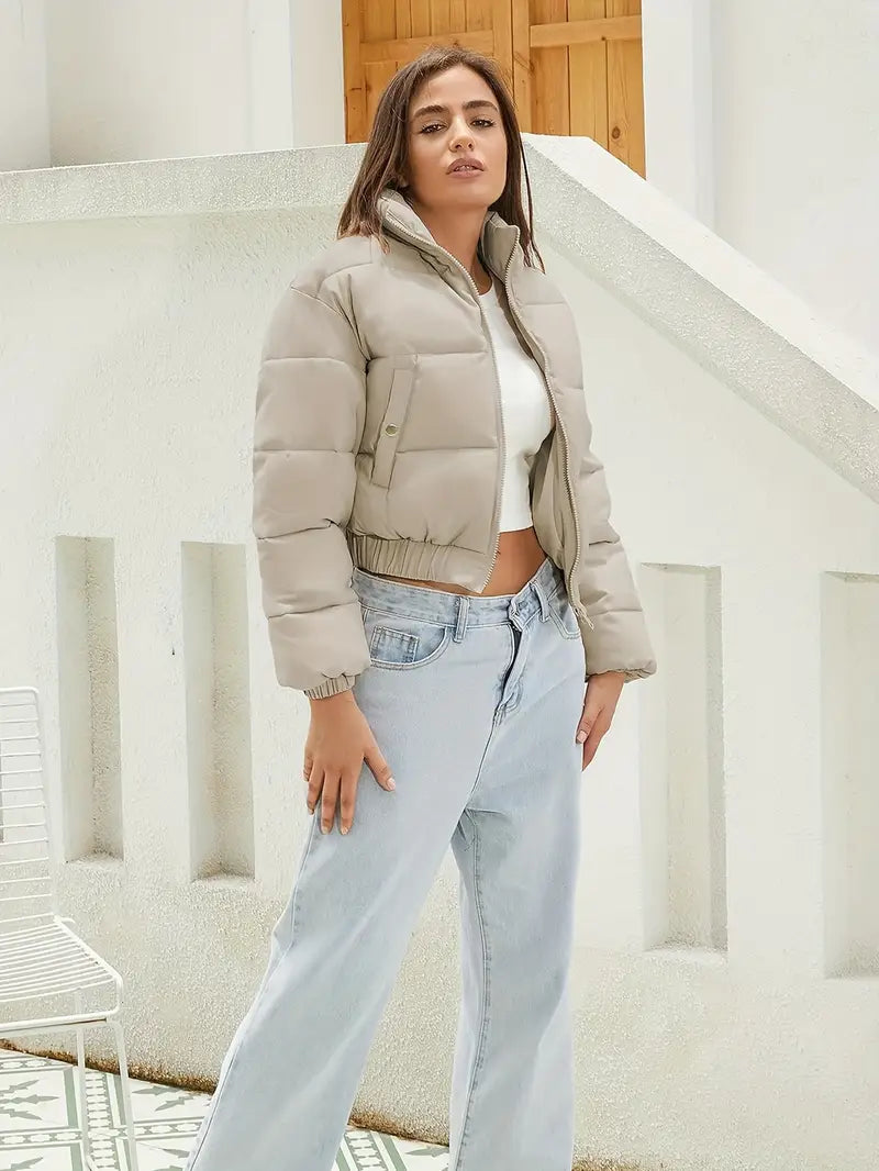 Women's Zip-Front Short Puffer Bomber Jacket with Elastic Hem