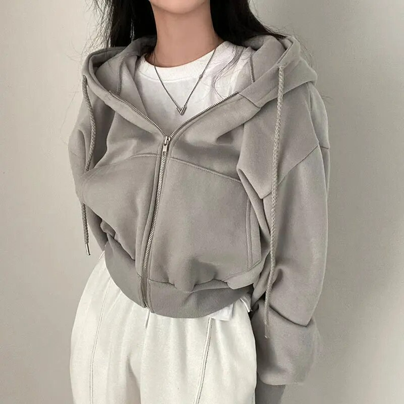 Women's Cropped Zip-Up Hoodie with Oversized Fit and Pockets