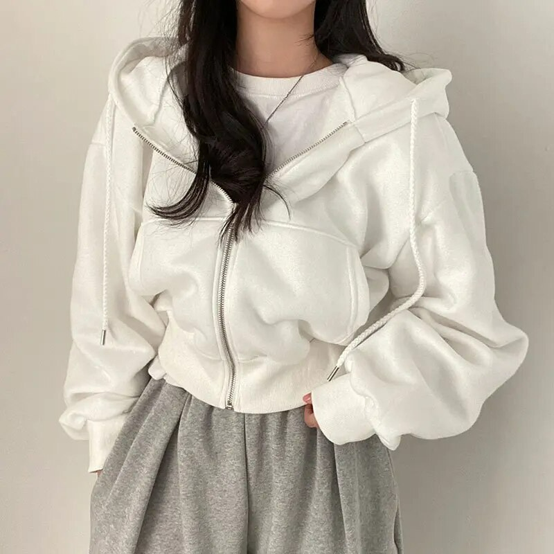 Women's Cropped Zip-Up Hoodie with Oversized Fit and Pockets
