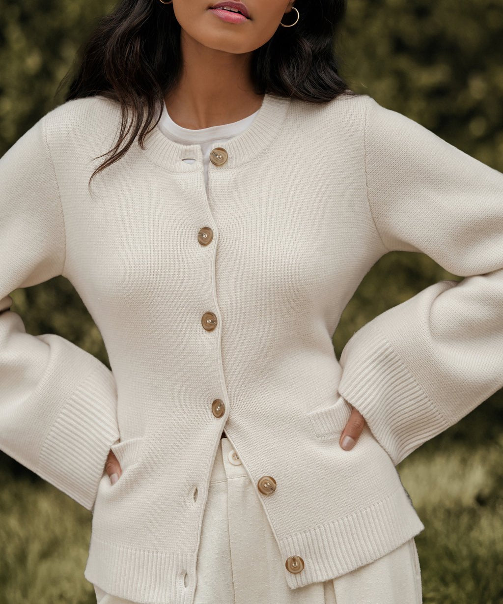 Women's Stylish Slim Fit Round Neck Cardigan with Button Detail