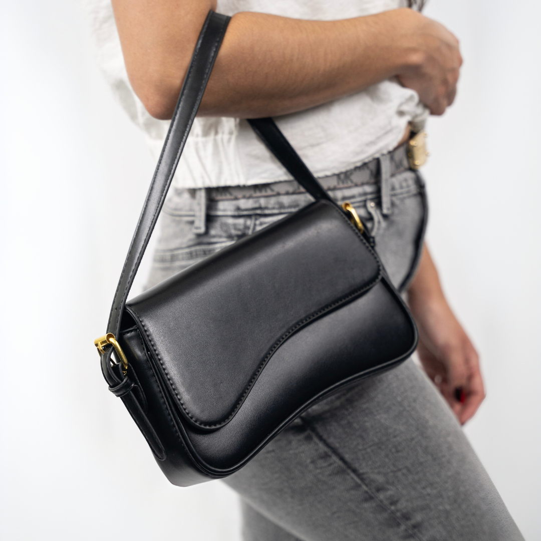 Adjustable Strap Women's Curved Flap Shoulder Bag with Closure