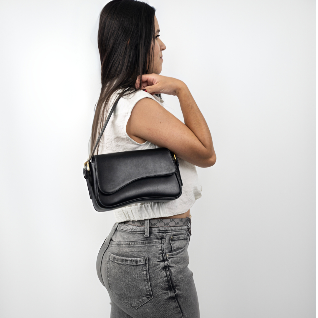 Adjustable Strap Women's Curved Flap Shoulder Bag with Closure