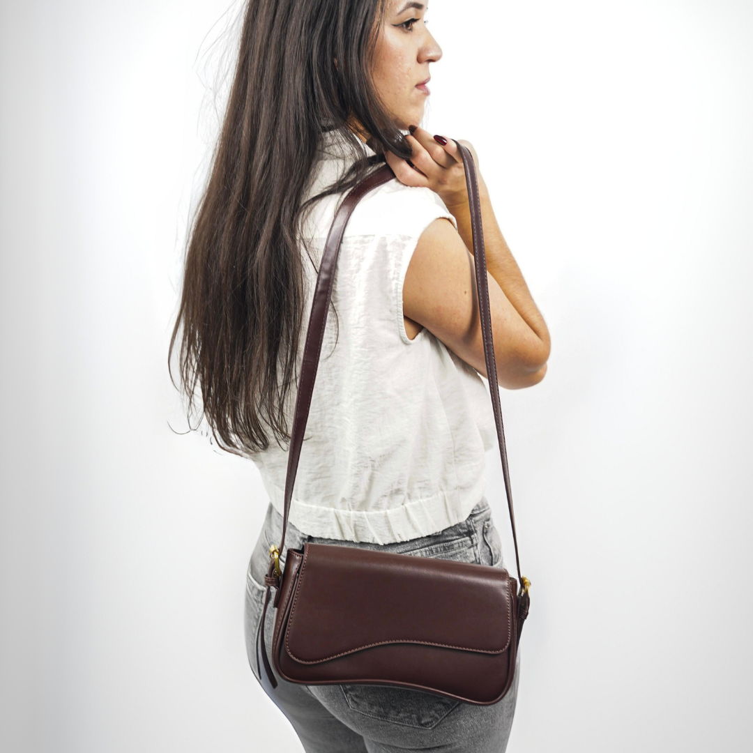 Adjustable Strap Women's Curved Flap Shoulder Bag with Closure